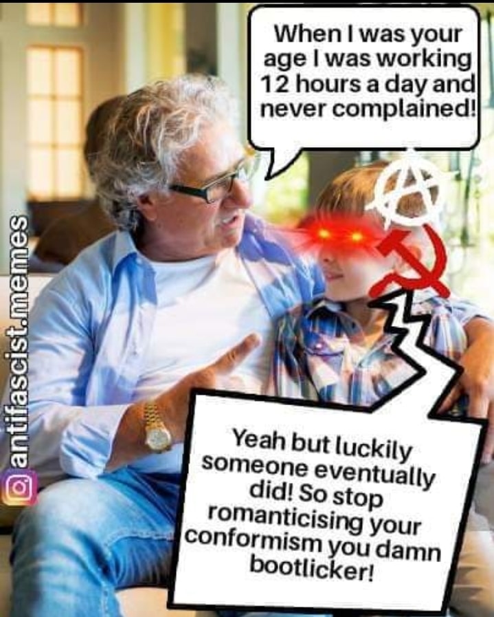 This meme is a humorous image of a grandfather and a young boy. The text at the top reads, "When I was your age I was working 12 hours a day and never complained." The boy responds with a sarcastic remark, "Yeah, but I'm sure you were also a happy, healthy, and well-adjusted individual who never experienced trauma or abuse."